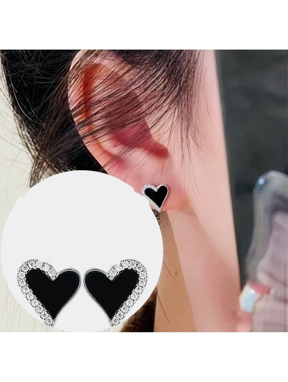 New - Unique Black Heart Design Stud Earrings with Zircon accents